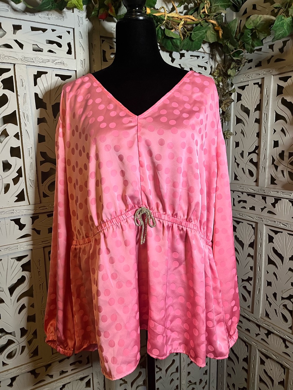 CATO COQUETTISH PINK SATIN TONE-ON-TONE POLKA DOT LONG SLEEVE PLUS SIZE TOP